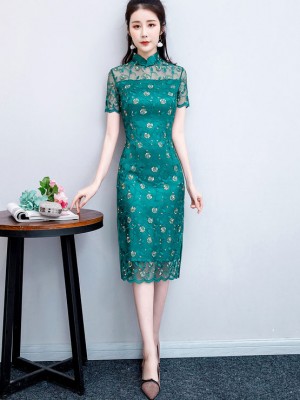Green Red Lace Midi Qipao / Cheongsam Party Dress