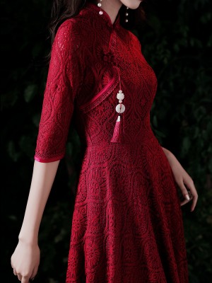 Burgundy Lace A-Line Maxi Qipao / Wedding Cheongsam Dress