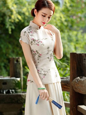 Beige Floral Chinese Qipao / Cheongsam T-Shirt