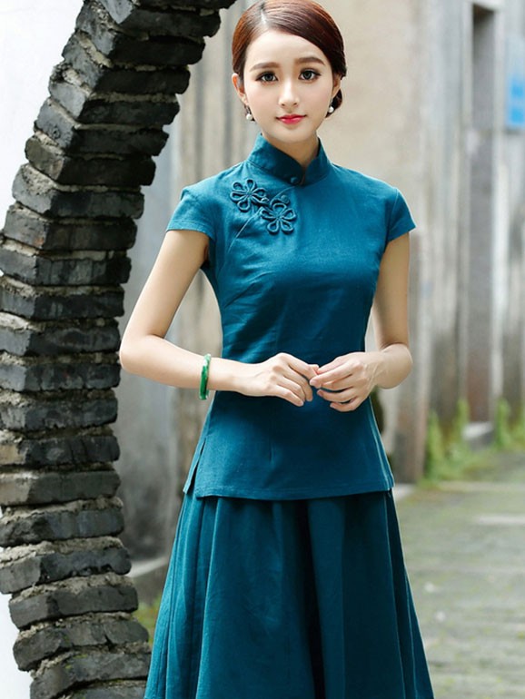 Green Red Short Sleeve Chinese Qipao / Cheongsam Shirt