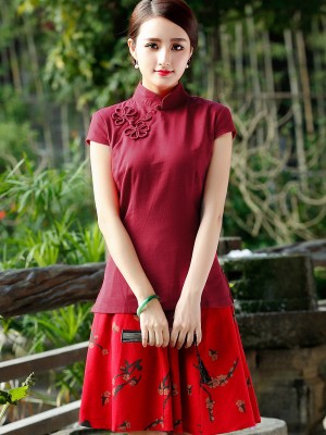 Green Red Short Sleeve Chinese Qipao / Cheongsam Shirt
