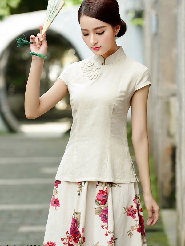 Linen Short Sleeve Chinese Qipao / Cheongsam Shirt