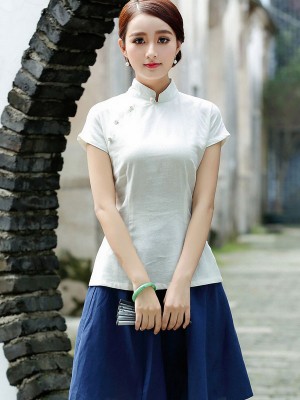 Linen White Short Sleeve Qipao Top / Chinese Blouse