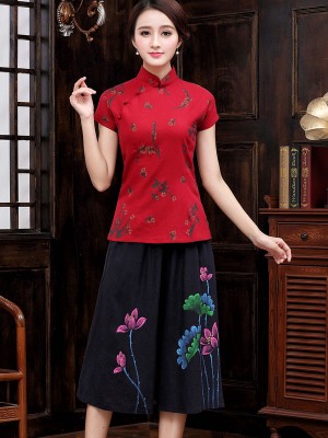 Red Short Sleeve Chinese Qipao / Cheongsam Shirt