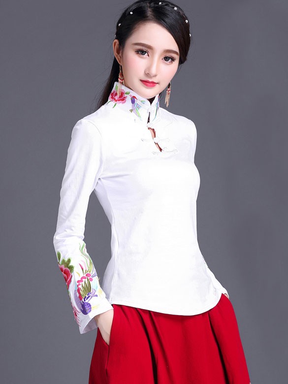 Embroidered Black White Qipao / Cheongsam Blouse Top