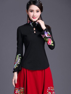 Embroidered Black White Qipao / Cheongsam Blouse Top