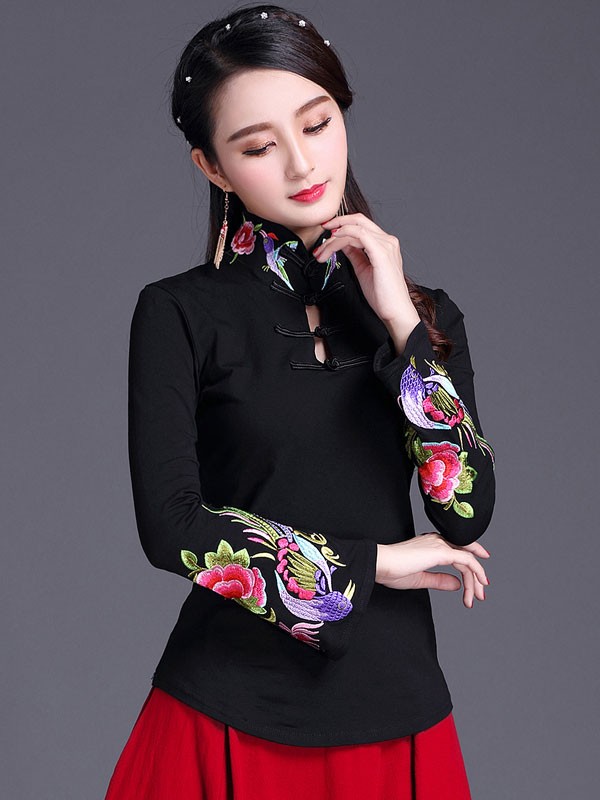 Embroidered Black White Qipao / Cheongsam Blouse Top