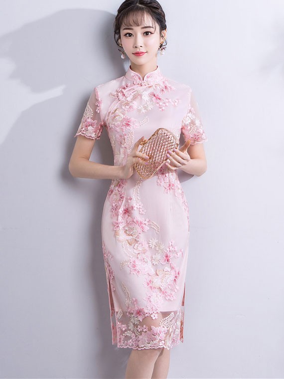 Pink Embroidered Short Qipao ...
