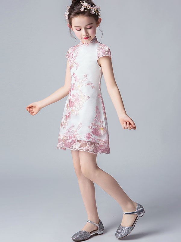 Pink Embroidered Kids Girls Qipao / Cheongsam Dress