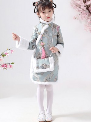 Blue Floral Woven Kids Girl's Qipao / Cheongsam Winter Dress