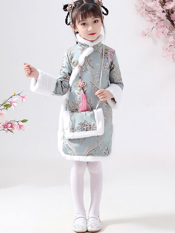 Blue Floral Woven Kids Girl's Qipao / Cheongsam Winter Dress - CozyLadyWear