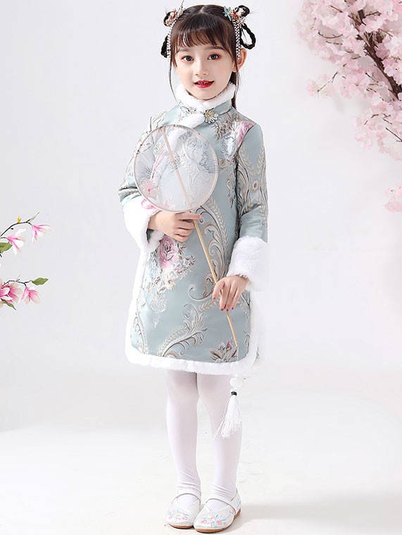 Blue Floral Woven Kids Girl's Qipao / Cheongsam Winter Dress - CozyLadyWear