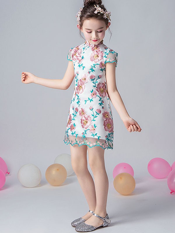 Embroidered Overlay Kids Girl's Qipao / Cheongsam Dress