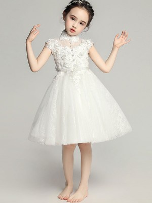 White Flower Girl's Tulle Qipao / Cheongsam Dress