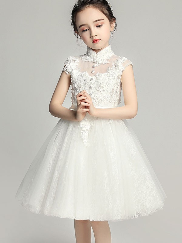 White Flower Girl's Tulle Qipao / Cheongsam Dress