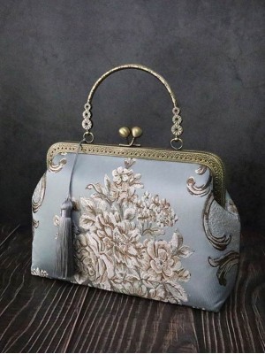 Blue Woven Floral Chain Strap Top Handle Bag