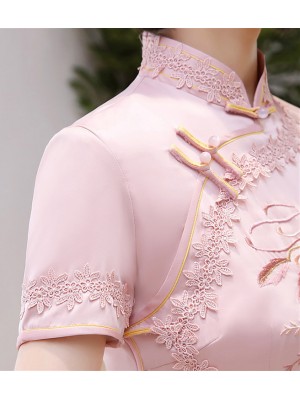 Pink Green Embroidered Cheongsam / Qipao Party Dress