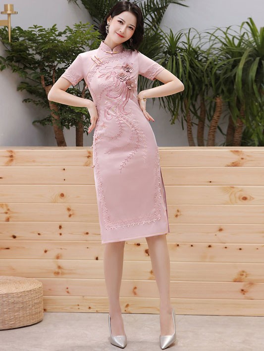 Pink Green Embroidered Cheongsam / Qipao Party Dress