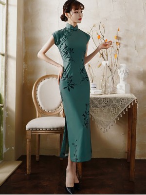 Green Floral Maxi Cheongsam / Qipao Party Dress