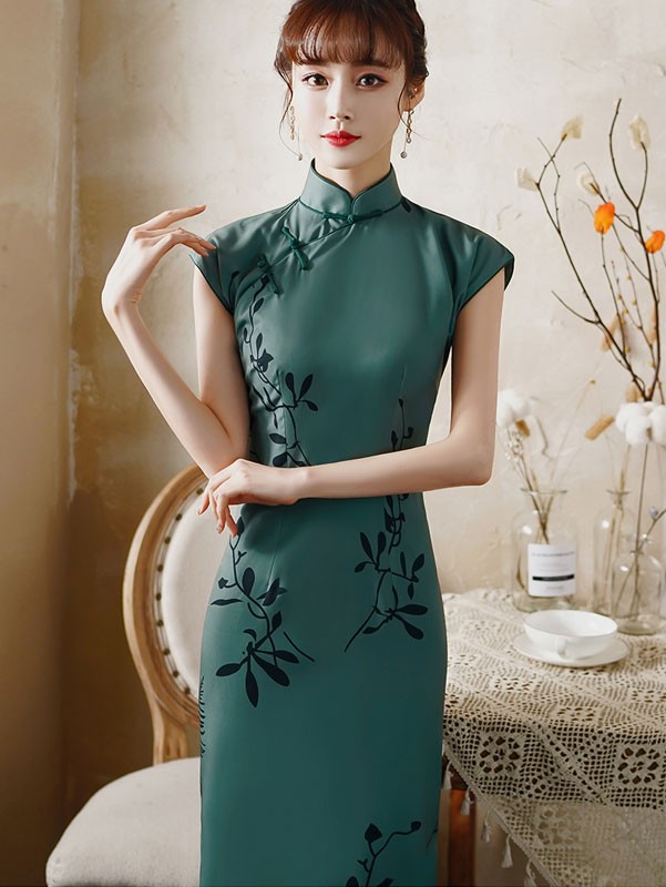 Green Floral Maxi Cheongsam / Qipao Party Dress