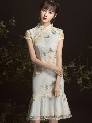 Jacquard  Frill Hem Short Qipao / Cheongsam Party Dress