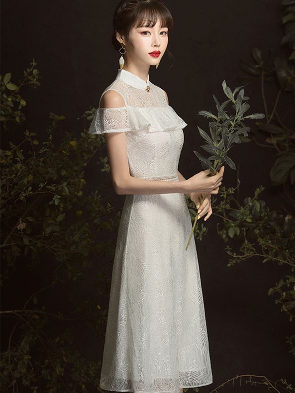 White Lace Cold Shoulder A Line Qipao / Cheongsam Party Dress
