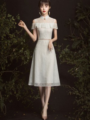 White Lace Cold Shoulder A Line Qipao / Cheongsam Party Dress