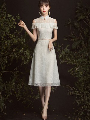 White Lace Cold Shoulder Qipao Cheongsam Dress Clearance