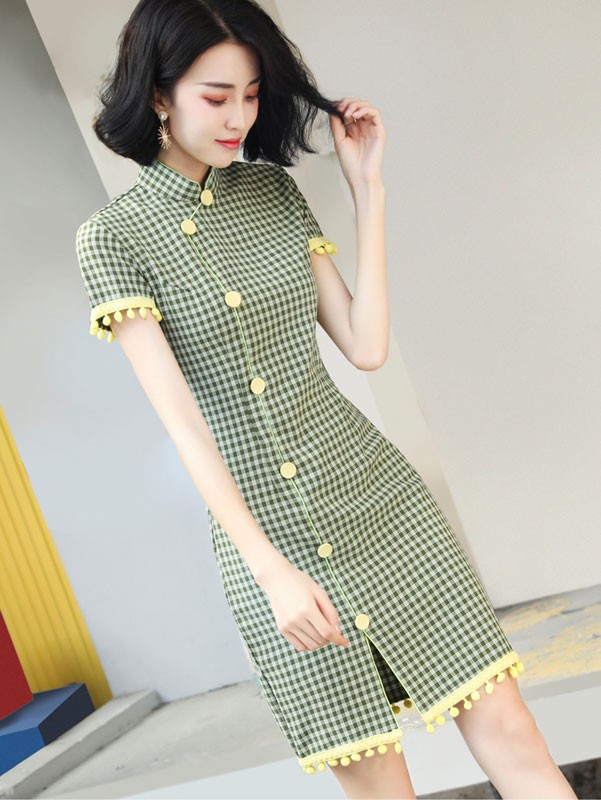 Buttons Short Qipao / Cheongsam Dress in Green Grid Check