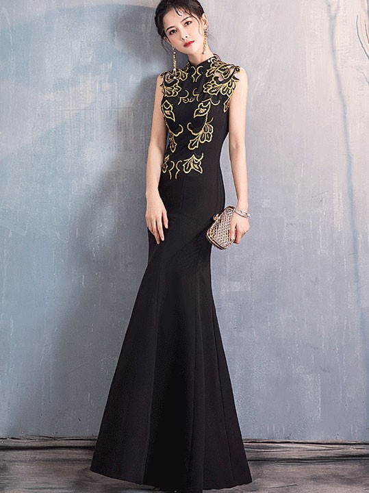 Sequins Black Fishtail Qipao / Cheongsam Evening Dress