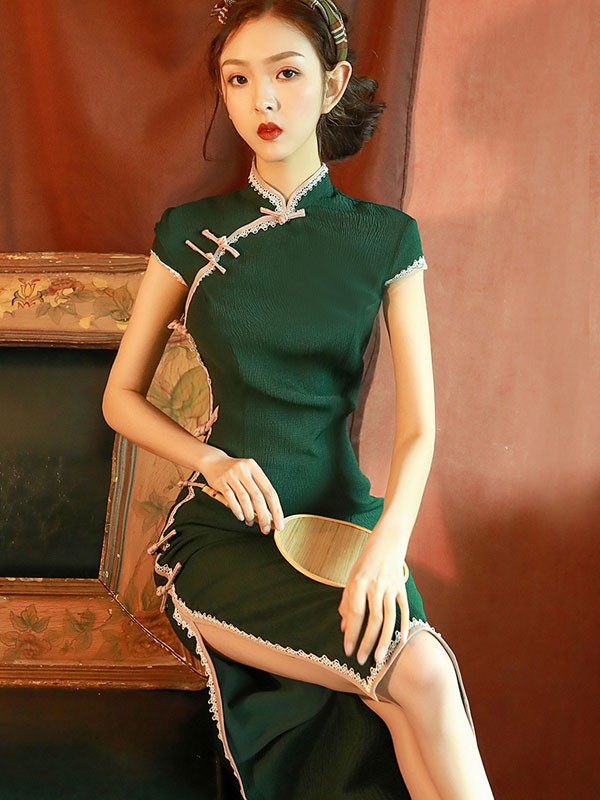 Summer Green Midi Modern Qipao / Cheongsam Dress