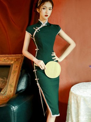Summer Green Midi Modern Qipao / Cheongsam Dress