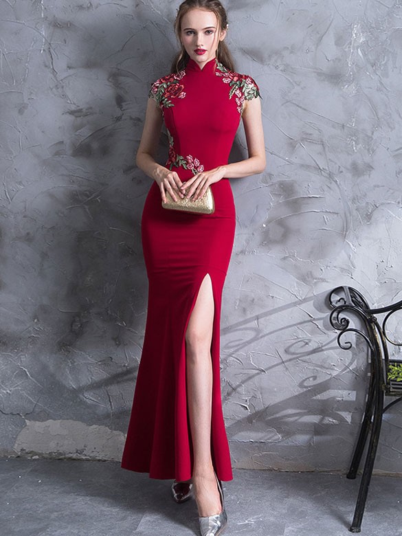 Red Embroidered Thigh Split Wedding Qipao / Cheongsam Dress