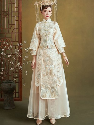 Champagne Summer Filmsy Embroidered Wedding Qun Kwa & Skirt