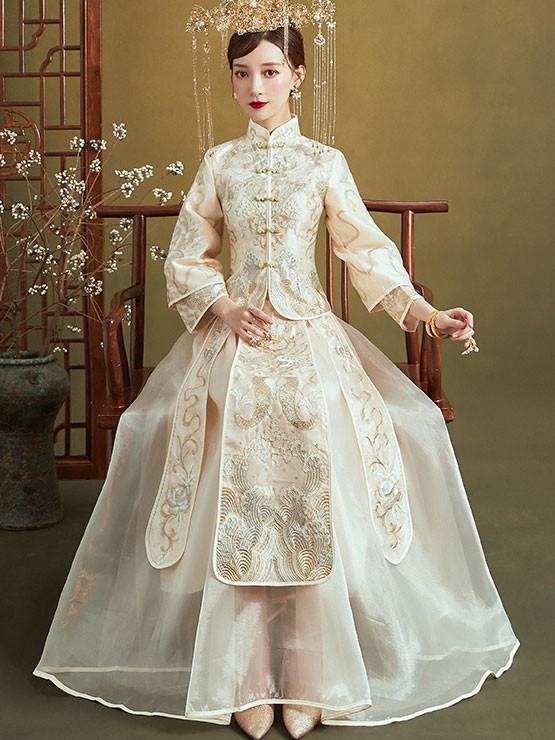 Champagne Summer Filmsy Embroidered Wedding Qun Kwa & Skirt Champagne Summer Filmsy Embroidered Wedding Qun Kwa & Skirt