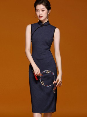Blue Midi Traditional Qipao / Cheongsam Dress