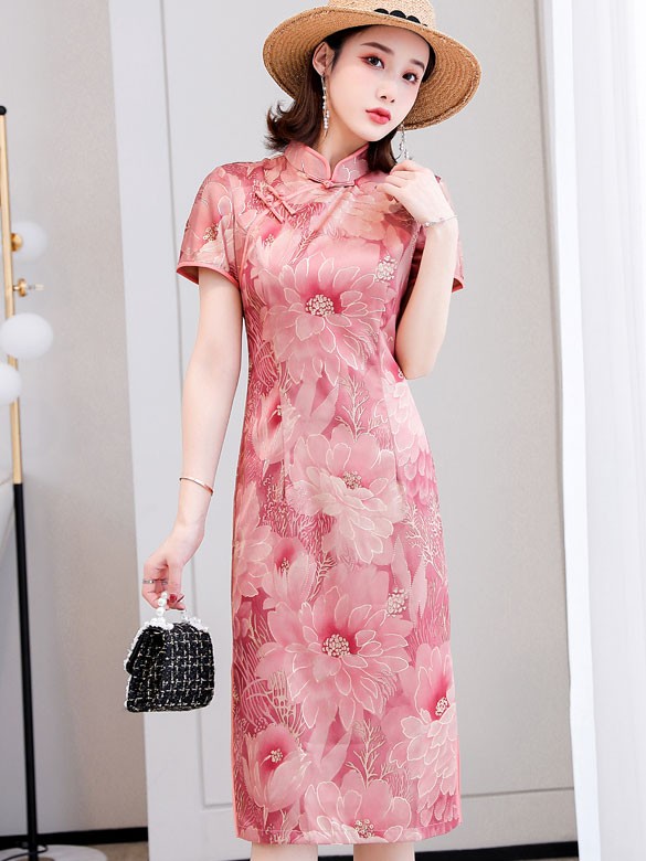 Shimmer Floral Modern Short Qipao / Cheongsam Party Dress