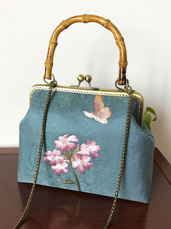 Handmade Blue Embroidered Chain Top Handle Clutch Bag