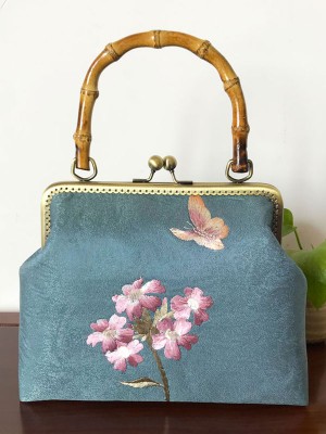 Handmade Blue Embroidered Chain Top Handle Clutch Bag