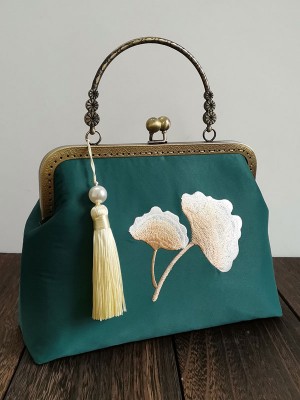 Handmade Green Embroidered Chain Top Handle Clutch Bag