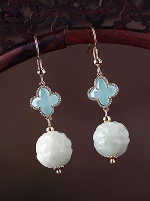 Blue Crystal Jade Drop Dangle Clip On Earrings