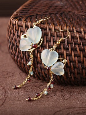Heart Jade Long Drop Dangle Earrings