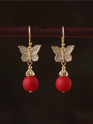 Glazed Stone Butterfly Drop Dangle Clip On Earrings