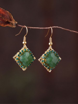 Green Jade Circon Drop Dangle Clip On Earrings