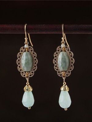 Green Jade Drop Dangle Clip On Earrings