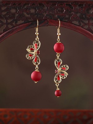 Red Glazed Stone Drop Dangle Clip On Earrings