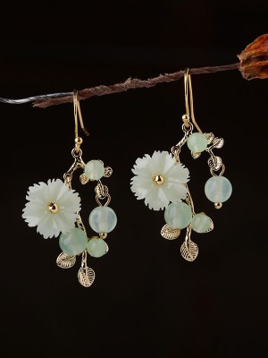 Green Jade Petals Drop Dangle Pierced Clip On Earrings