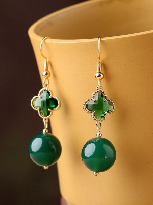 Green Crystal Jade Drop Dangle Clip On Earrings