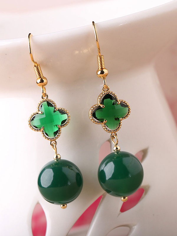 Green Crystal Jade Drop Dangle Clip On Earrings