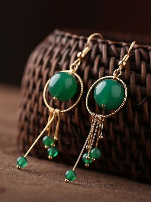 Green Agate Hoop Drop Dangle Clip On Pierced Earrings